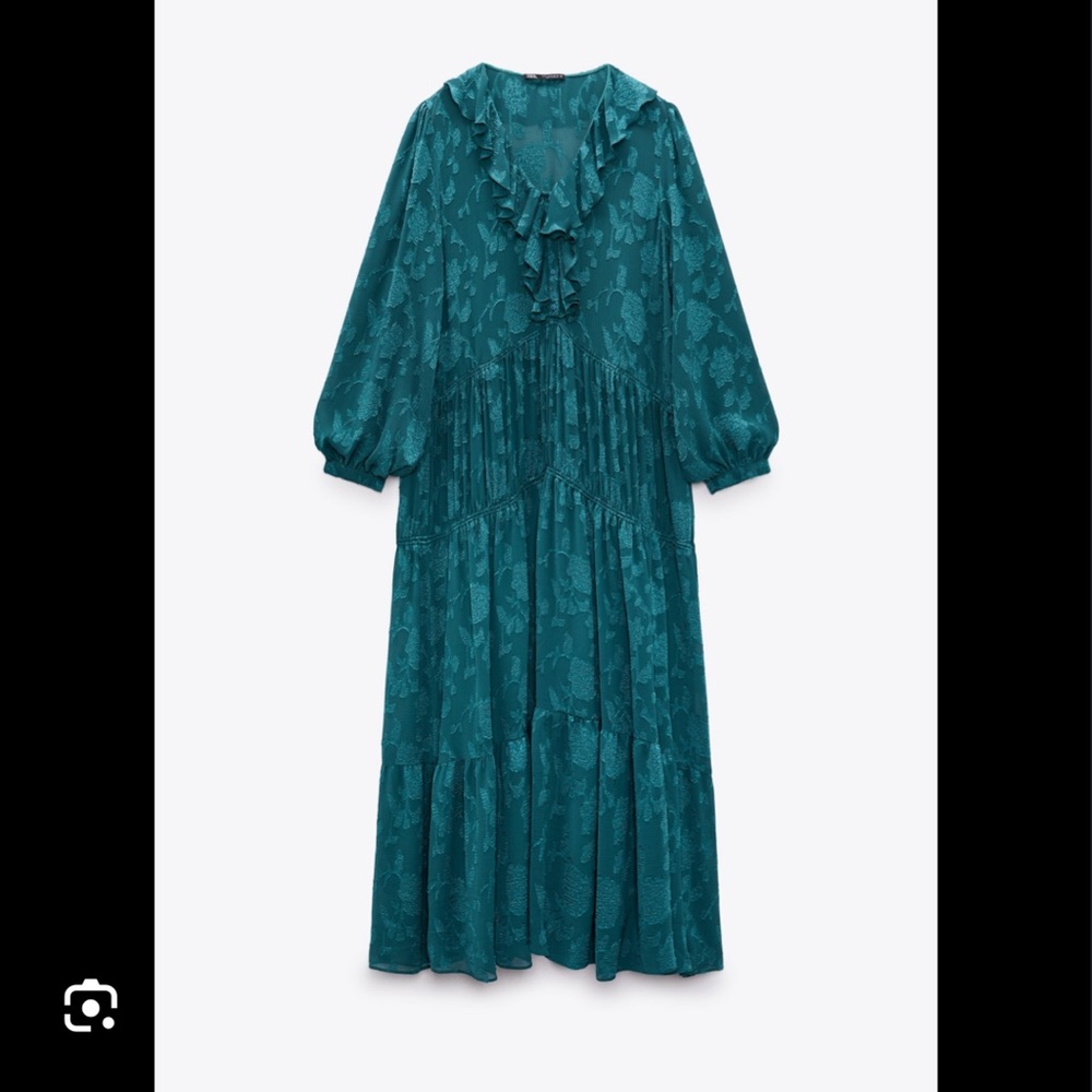 ZARA WOMAN V-NECK LONG JACQUARD DRESS WITH RUFFLES DUCK GREEN